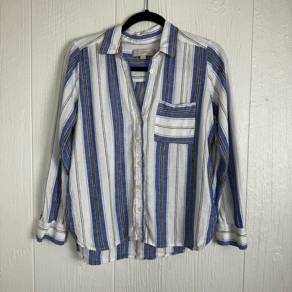 LOFT Striped Linen Blend Everyday Pocket Shirt Button Front Size Small - Picture 2 of 8